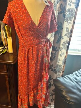 Jessica Red Floral Wrap Midi Dress with Ruffle Hem